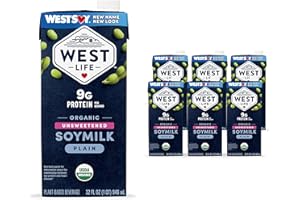 WESTSOY West Life Organic Soy Milk, Unsweetened Plain, Low Sugar, 9g of Protein, Vegan Dairy Alternative, Lactose-Free, Shelf Stable, 32oz (Pack of 6)