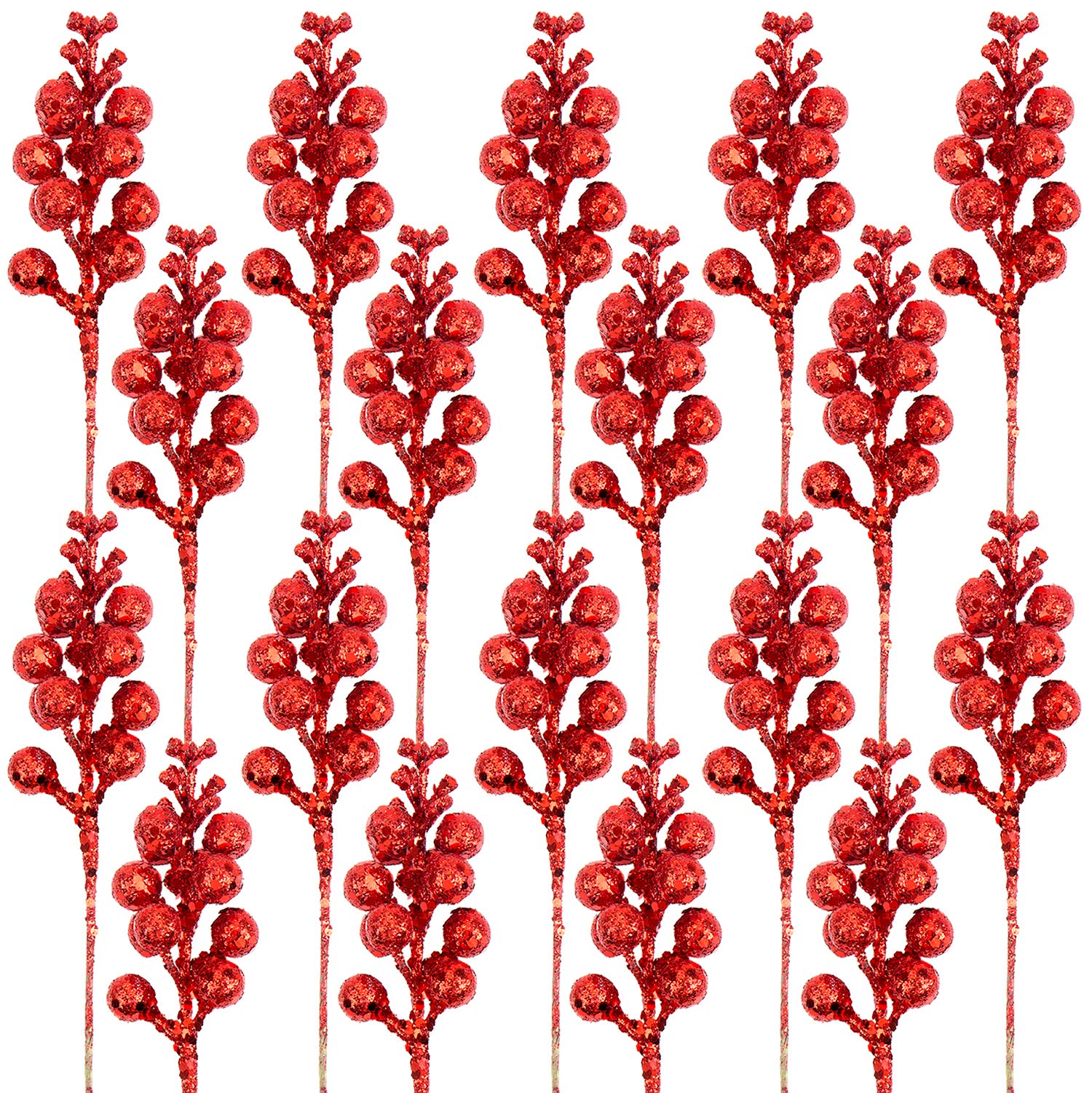 FINGOOO Artificial Red Berry Stems, 14 Pcs 7.8 Inch Glitter Christmas Tree Picks for Christmas Tree Ornaments,DIY Xmas Wreath, Holiday and Home Decoration