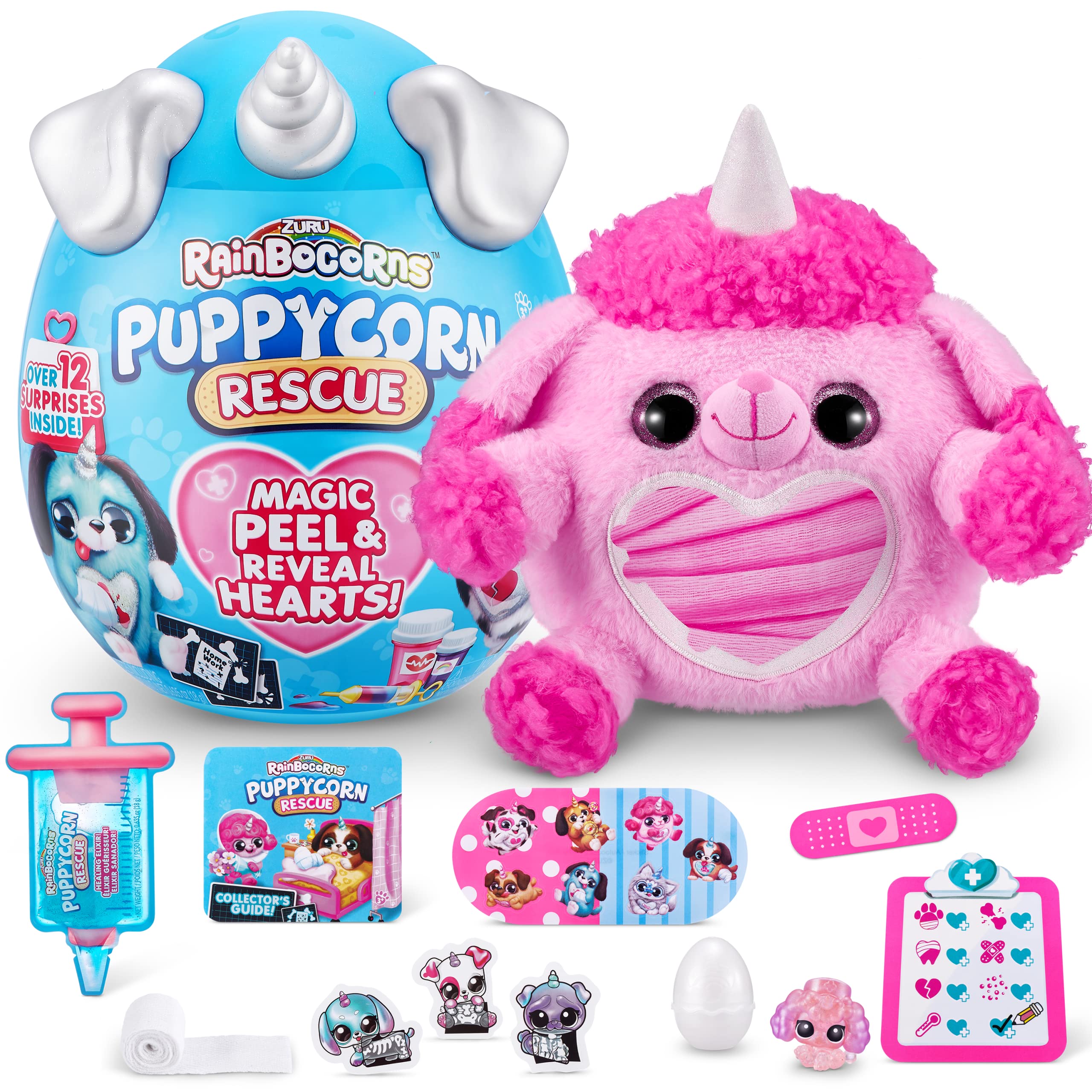 Rainbocorns Puppycorn Rescue Surprise Age 3+, Posh the Poodle - Collectible Plush - Over 12 Surprises, Peel and Reveal Heart, Stickers, Syringe Slime, Ages 3+ (Poodle)