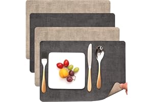 Myir JUN Placemats Dual Sided, Faux Leather Place Mats Set of 4 Indoor Placemats for Dining Table Outdoor Placemats Manteles Individuales Square Non-Slip Washable Table Mats (Gray Beige, Set of 4)