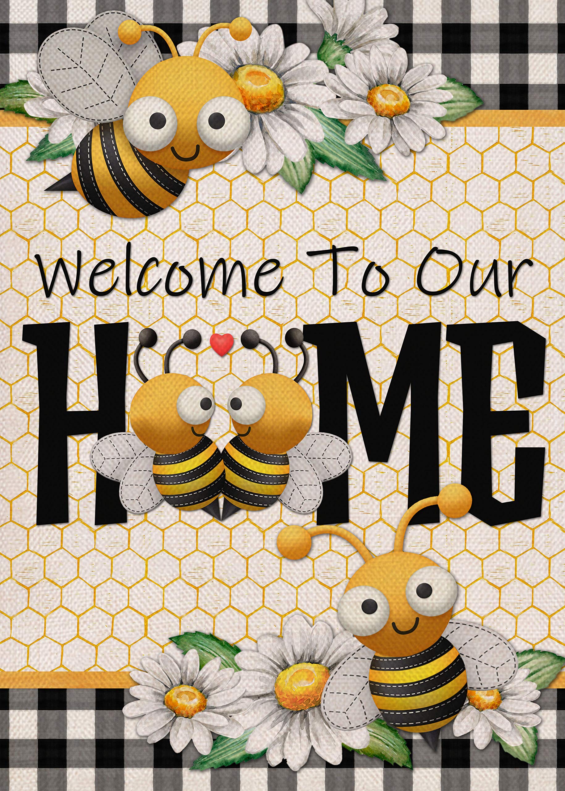 Furiaz Welcome to Our Home Garden Flag, House Yard Lawn Decorative Small Flag Spring Summer Buffalo Plaid Check Bee Daisy Home Outside Decorations, Farmhouse Burlap Outdoor Decor Double Sided