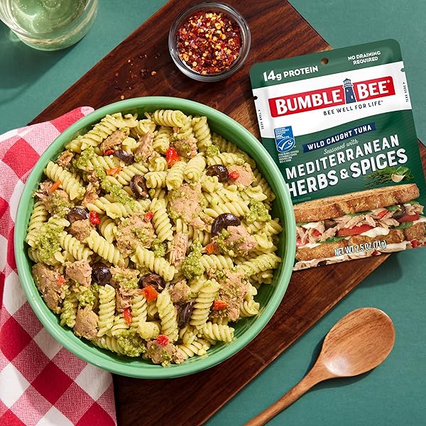 BUMBLE BEE MEDITERRANEAN HERBS & SPICES SEASONED TUNA, 2.5 OZ POUCH – READY TO EAT – WILD CAUGHT TUNA PACKET – 14G PROTEIN PER SERVING – GLUTEN FREE