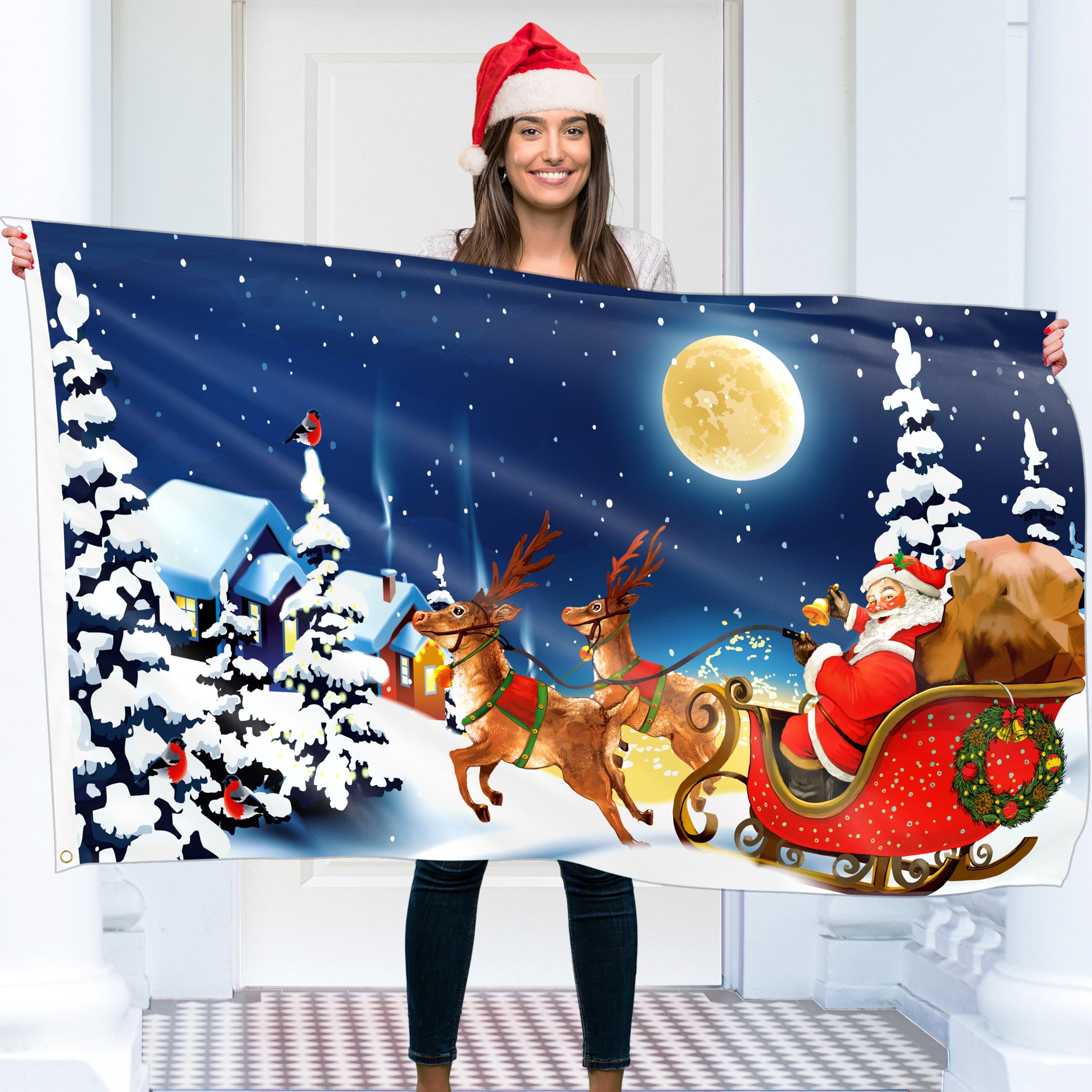 Christmas Flag 5ft x 3ft with eyelets - Christmas Banner Santa Claus - Vivid Digital Print - 110Den Thick polyester - Double Seam