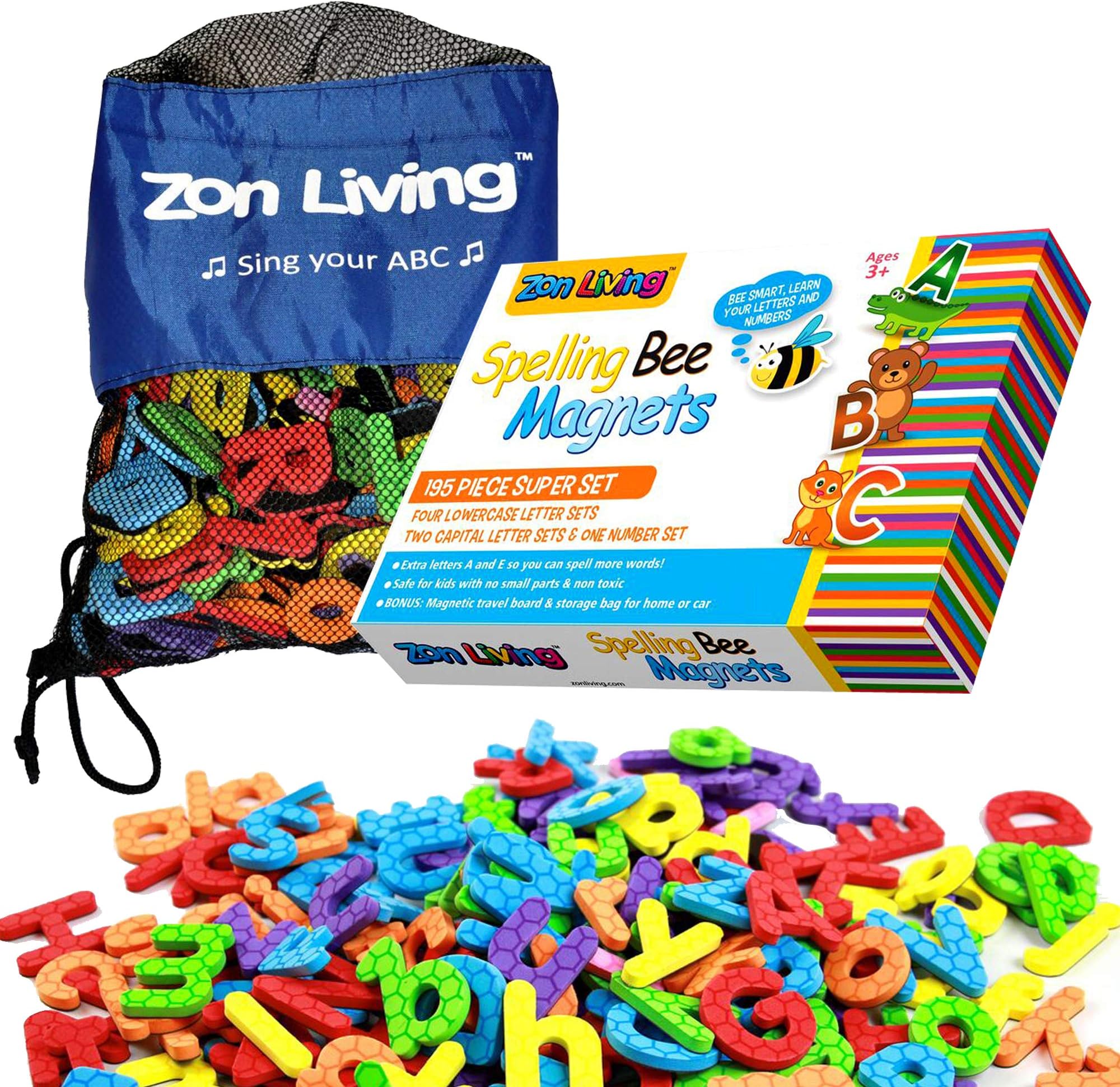 Zon Living 195 Piece Magnets for Kids Magnetic Alphabet Letters Numbers Lowercase Uppercase Refrigerator Magnets ABC 123 Toddlers Carry Bag Board Vowels Frig Fridge