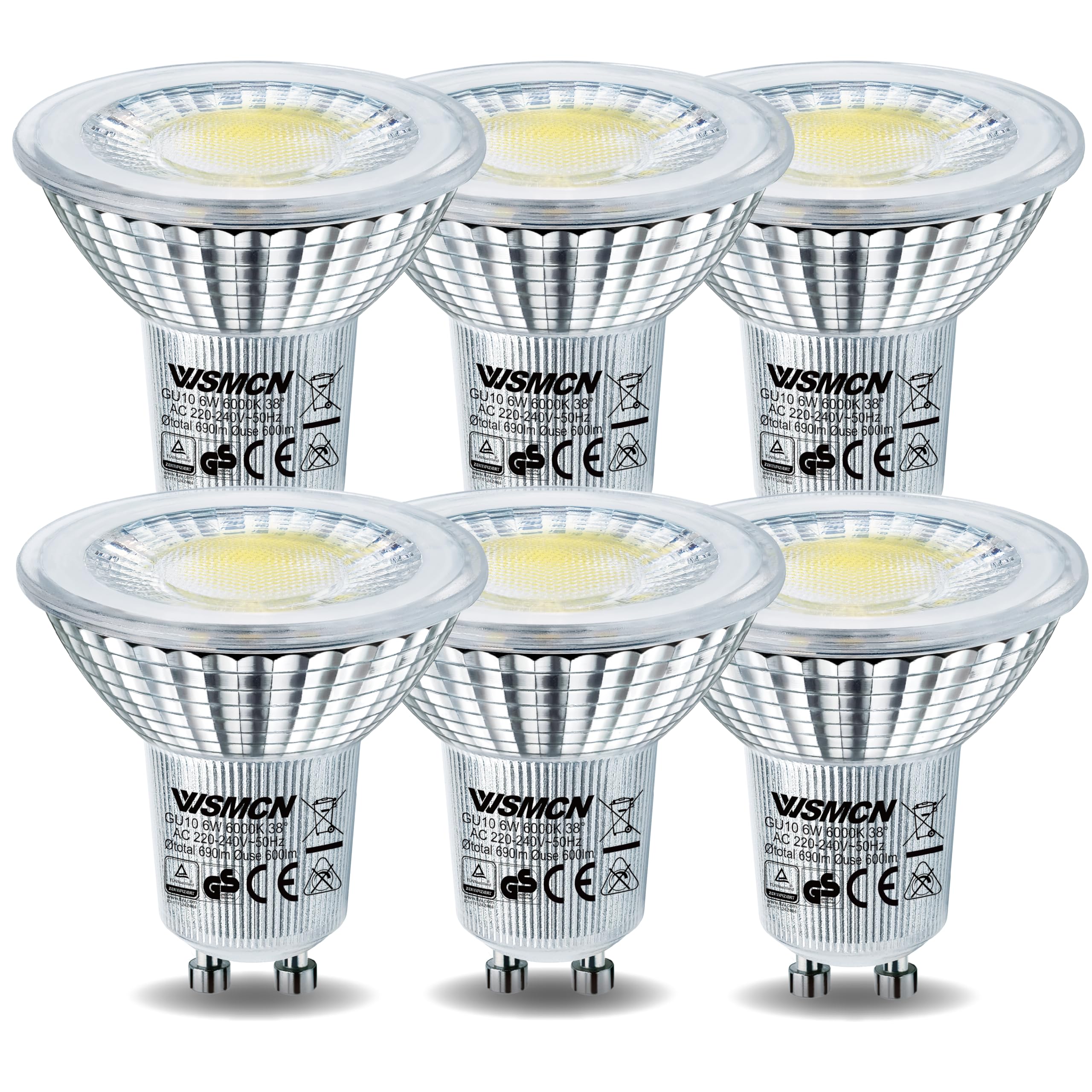WSMCN GU10 LED Bulbs 6W, Cool White 6000K 600lm, 80W Halogen Bulb Equivalent, Energy Saving Light Bulbs, PAR16 Spotlight Bulb, 38°Beam Angle, Non Dimmable, Pack of 6