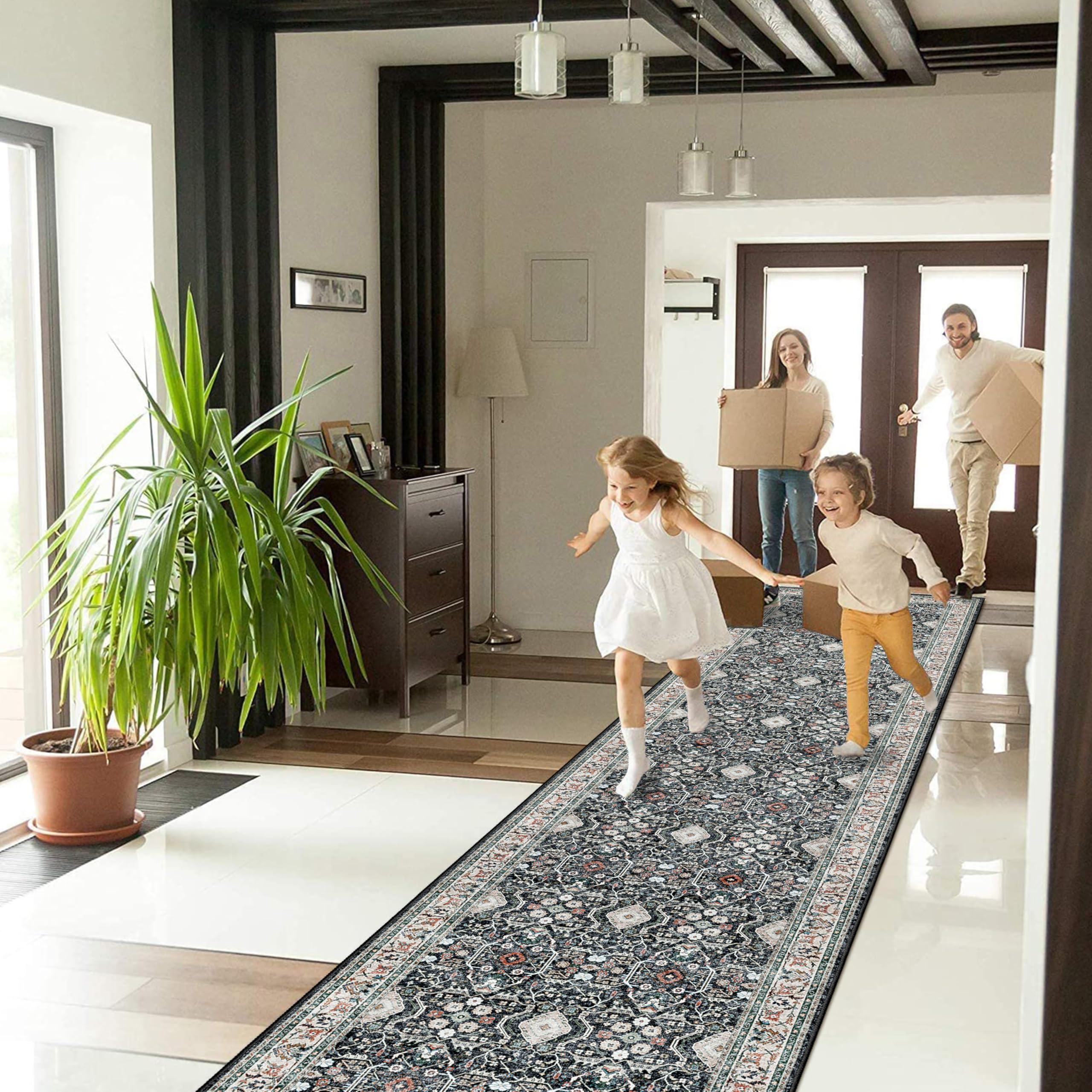 Photo 1 of 2x12 Non Slip Runners for Hallways: Washable Long Ultra Soft Kitchen Rug Vintage Floor Mat for Living Room Bedroom Accent Farmhouse Door Mat for College Dorm Stain Resistant Area Rug (Black, 2x12)