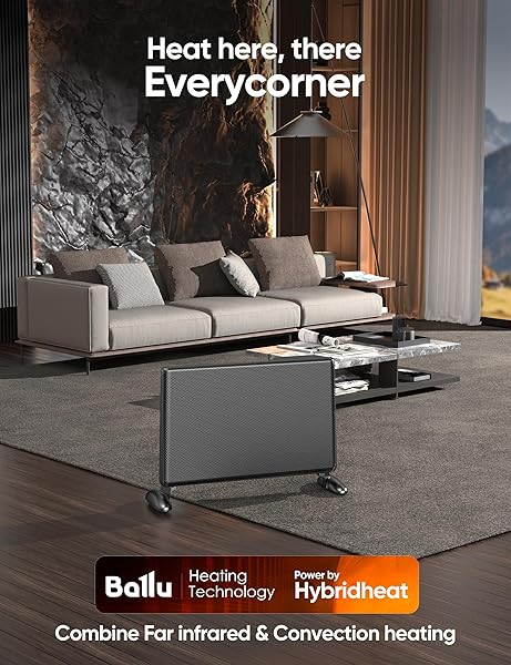 BALLU MICA INFRARED PANEL SPACE HEATER FOR LARGE ROOM,SMART QUIET HEATER WITH PROGRAMMABLE THERMOSTAT,WIFI APP CONTROL,INVERTER ENERGY EFFICIENT FOR INDOOR USE,COMPATIBLE WITH ALEXA,BLACK