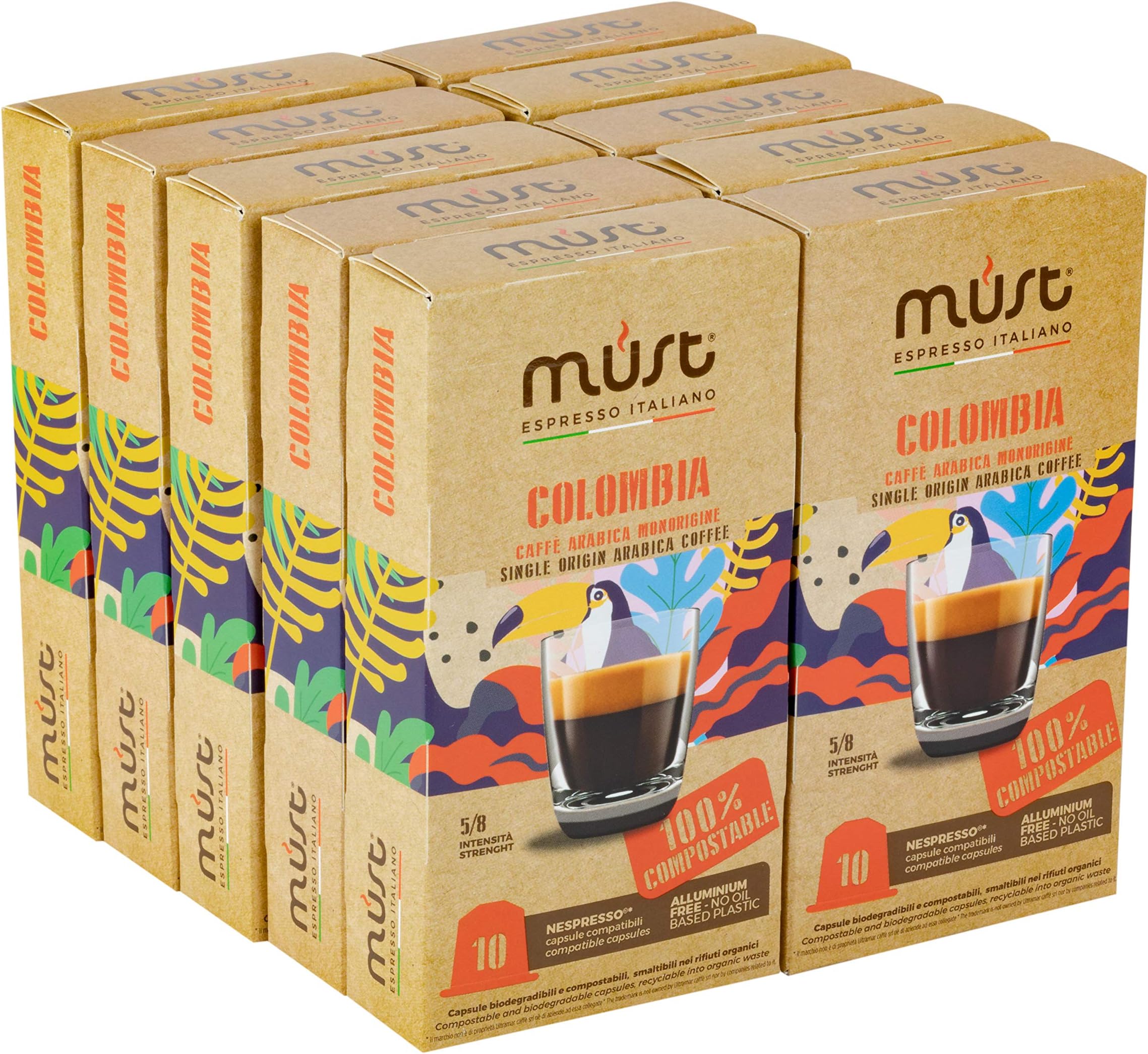 MUST 100 Coffee Capsules Colombia Blend Single Origin 10 Pack of 10 Capsules Compatible with Nespresso Machine 100% Compostable Pods Made in Italy Recyclable