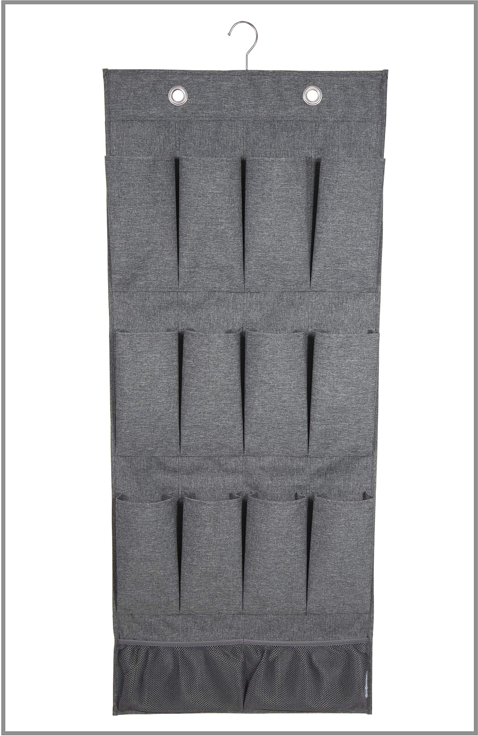 Bigso Box of Sweden Hanging Storage Organiser with 12 Storage Compartments - Hanging Storage for Wardrobe with Hook and Metal Eyelet Fastening - Cupboard Storage made of Polyester and Cardboard - Grey