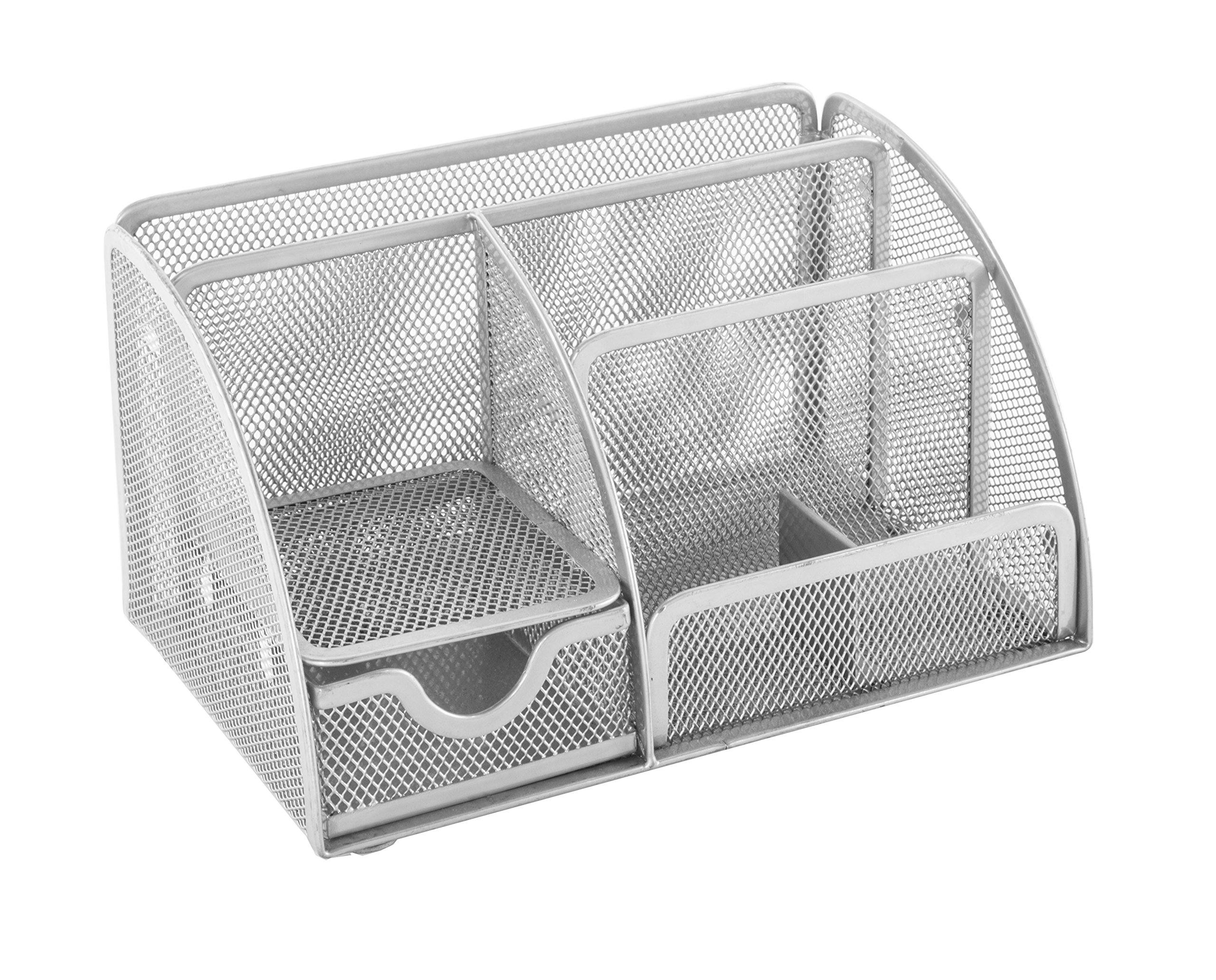 Osco Small Wiremesh Desk Organiser, Metal Mesh Pen Pot Desk Tidy with 5 Compartments & Single Drawer, Desktop Stationery Storage for Office & Home, Silver