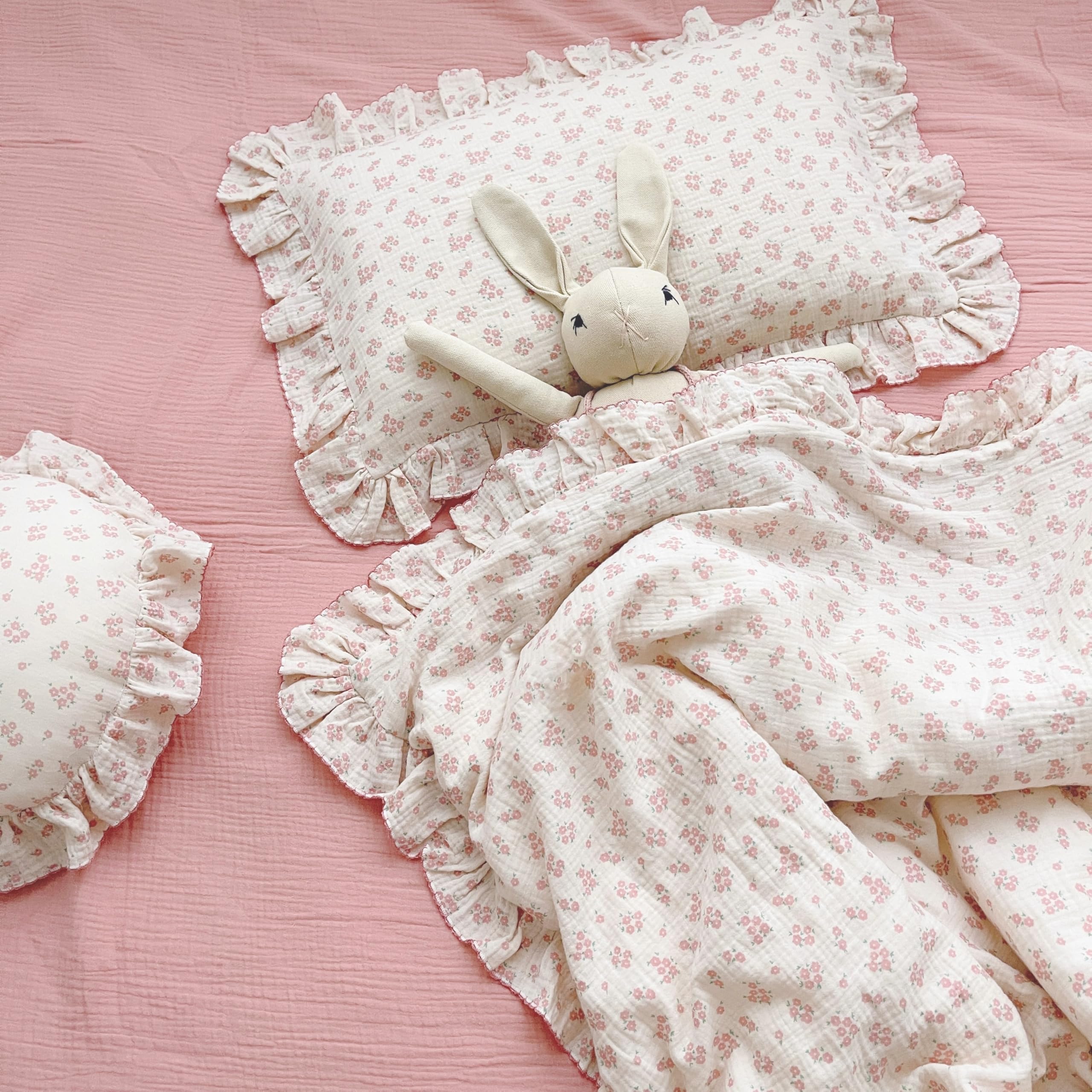 Photo 1 of **Solo funda de almohada*** Cotton Muslin Kids Toddler Pillowcase Standard Size, Shabby Chic Galsang Flowers Print, Soft Travel Pillow Case Ruffle Edge Nursery Pillowcases, Boys Girls Bedding Decor, Machine Washable