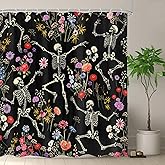 Omifly Skull Flower Shower Curtain 72Wx72H Inch Gothic Goth Skeleton Black Colorful Floral Wildflower Cool Spooky for Women Girls with 12 Plastic Hooks Fabric Waterproof Toilet Accessories Decor