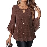 VALOLIA Womens Sparkly Tops Dressy Ruffle 3/4 Sleeve Blouses Glitter Cocktail Party Evening Shirts