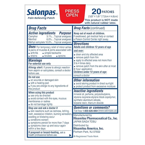 SALONPAS PAIN RELIEVING PATCH, 20 COUNT, FOR BACK, NECK, SHOULDER, KNEE PAIN AND MUSCLE SORENESS, 8 HOUR PAIN RELIEF