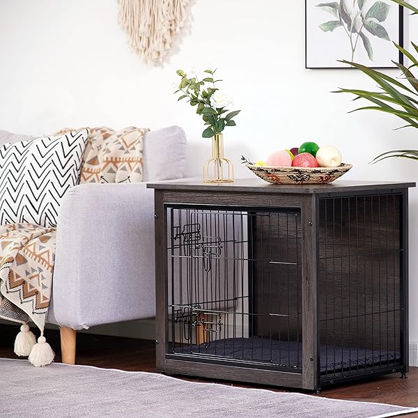 DWANTON DOG CRATE FURNITURE WITH CUSHION, WOODEN KENNEL TABLE WITH DOUBLE DOORS, INDOOR DOG HOUSE, SMALL/MEDIUM/LARGE/EXTRA LARGE SIZE, 27.2″ L, DARK GRAY