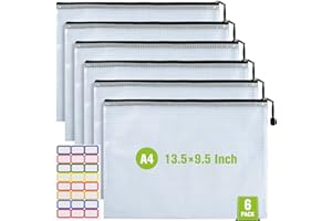 ASTEN Mesh Zipper Pouch, 6PCS Waterproof Plastic Mesh ZipperBag, A4 Size Tear-Resistant Document Pouch, Extra Large Zip File Bags, for School Office Supplies Home Travel Storage(13.5×9.5 Inch)