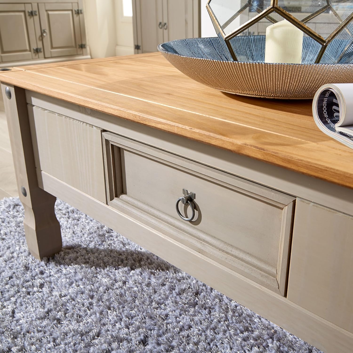 Home Source Corona Pine Two Tone Grey Coffee Table 1 Drawer Solid Wood Occasional Table Home Kitchen Coffee Tables
