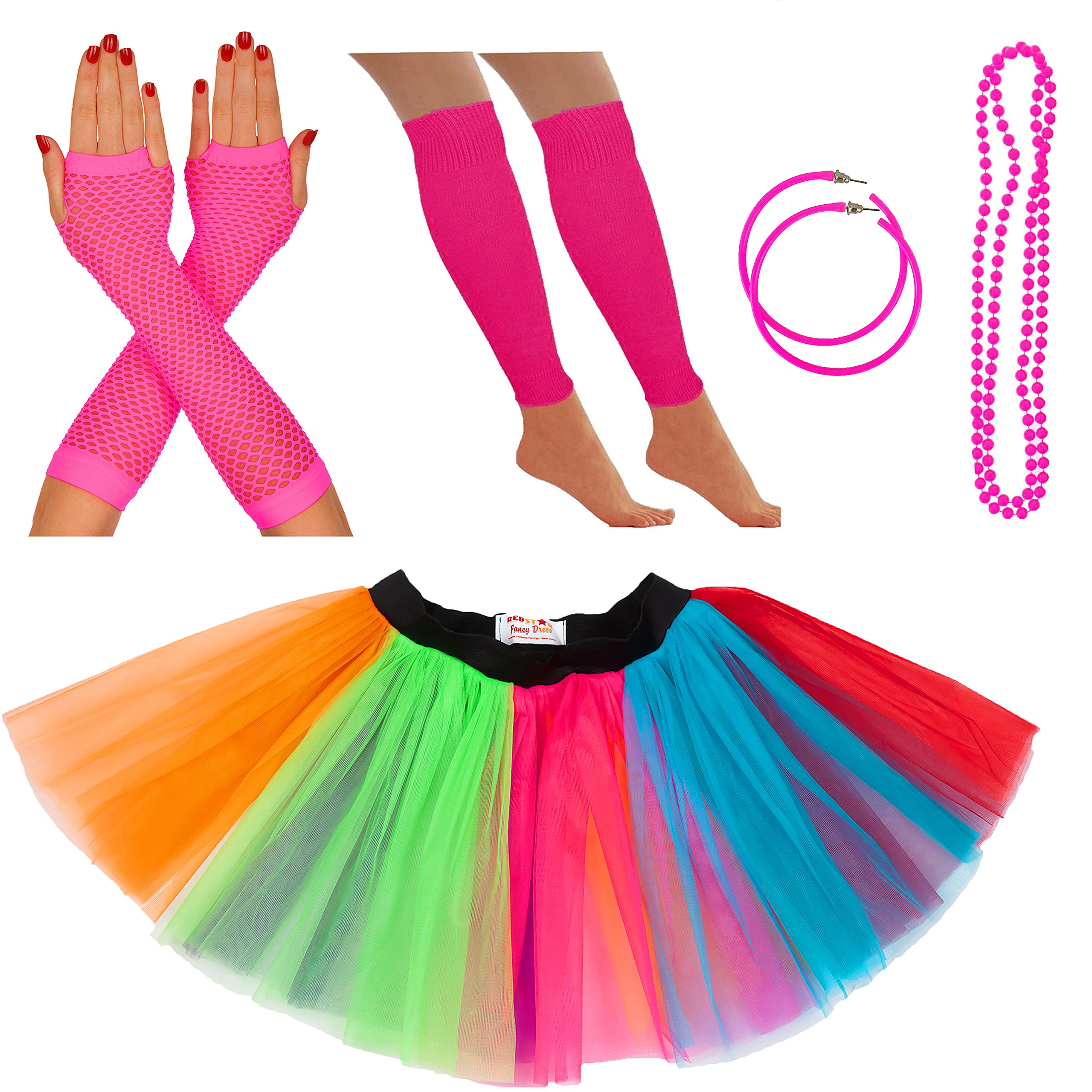 Neon Tutu, Fishnet Gloves, Leg Warmers, Beads & Earrings | Ladies Fancy Dress Costume Set | 80's Themed Fancy Dress | Also Ideal For Hen Parties, Fun Runs Or Charity Events (8-12 UK, Rainbow)