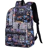 CAMTOP Mesh Backpack Kids Boys Girls Bookbag See Through Preschool Backpacks Casual Daypack for School Beach Travel Sport (Black-Vehicle)