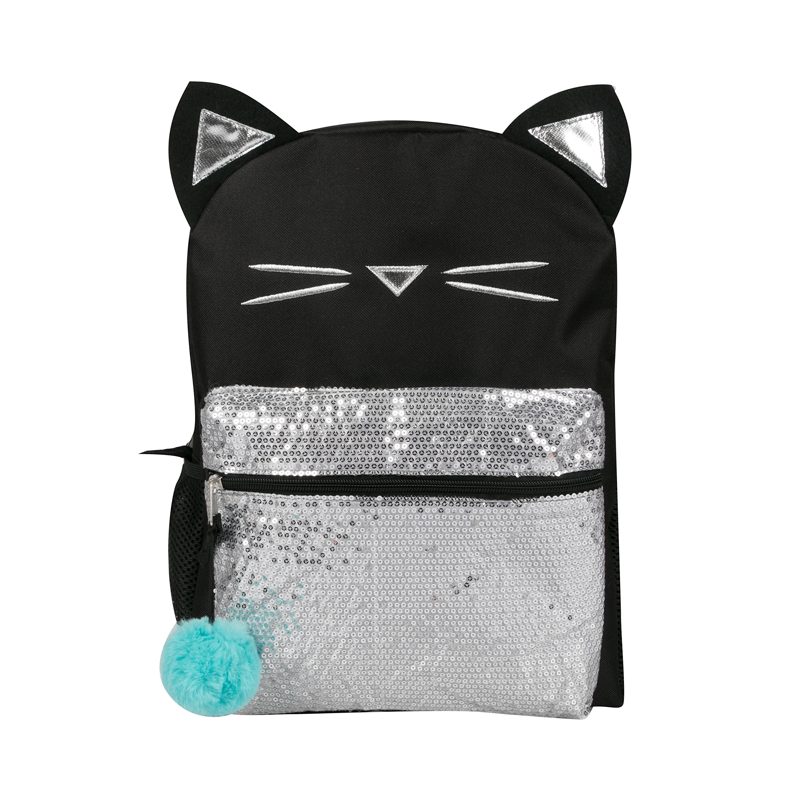 Fashion Black Cute Cat Backpack With Silver Sequin And Blue