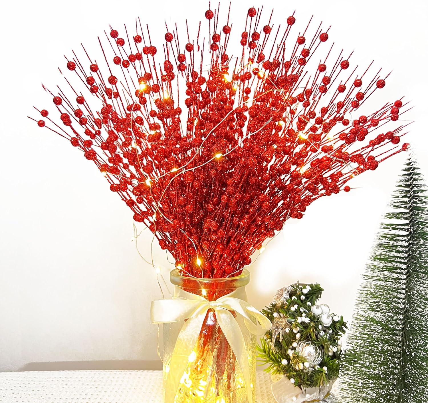 Tree Stands - Runwosen 20 Pcs Red Artificial Glitter Berry Stems with Fairy Lights Christmas Decorations 15.7in Christmas Picks Decorative Bead Sticks Glittery Twigs Branches Ornaments for Christmas Tree Vase
