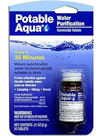 Potable Aqua Water Purification Treatment (50 Tablets) - Portable Drinking Water Treatment Ideal for Emergencies, Survival, Travel, and Camping