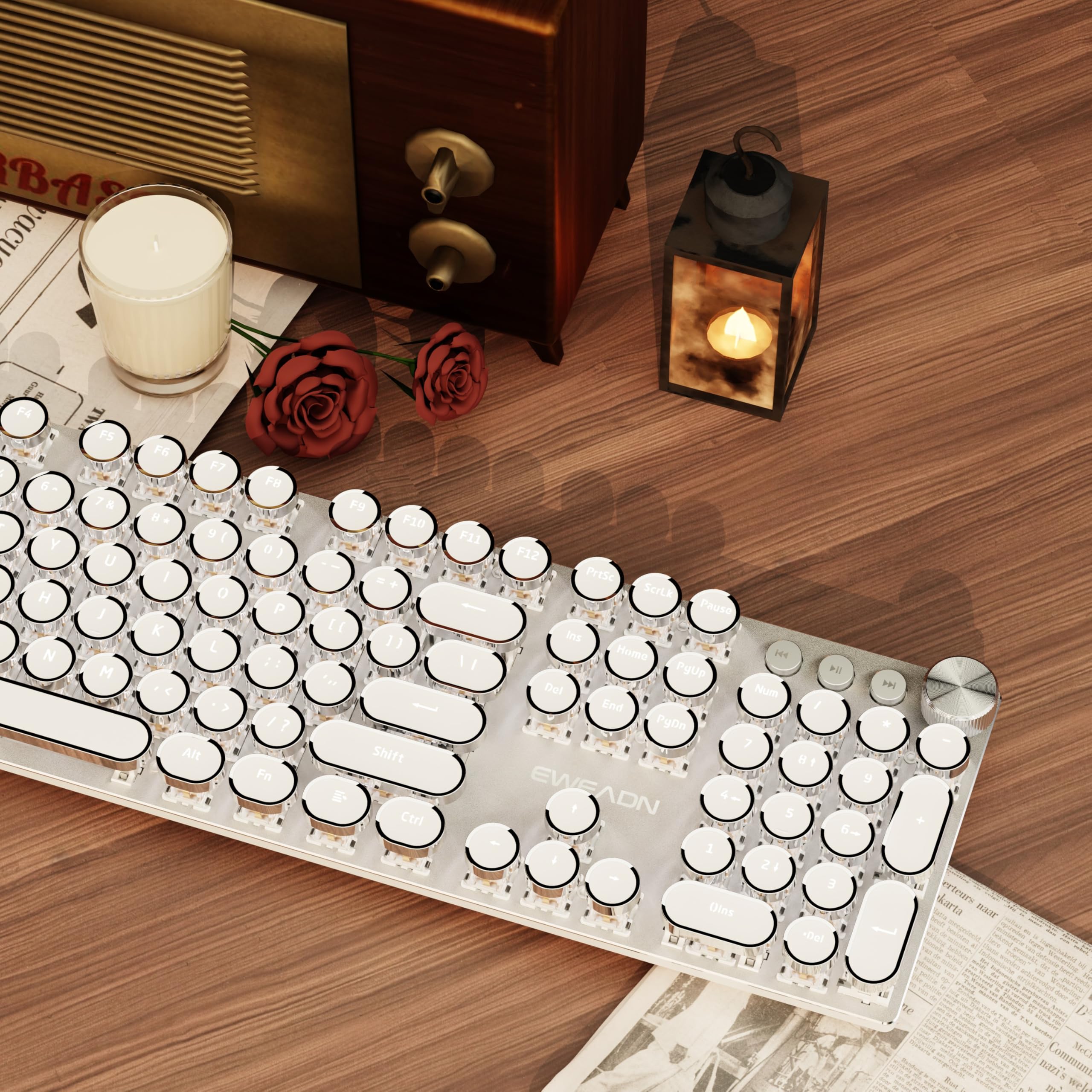 Photo 1 of EWEADN Typewriter Style Mechanical Gaming Keyboard, Wired Mechanical Keyboards,104 Keys Backlit LED Keyboards, Media Control Knob, Wired Computer Keyboard Pink Switch for Windows/Mac/PC-White