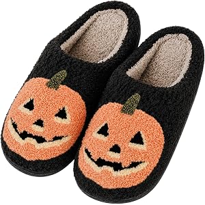 Halloween Slippers, Pumpkin Ghost Fall House Shoes, Fuzzy Non Slip Sole