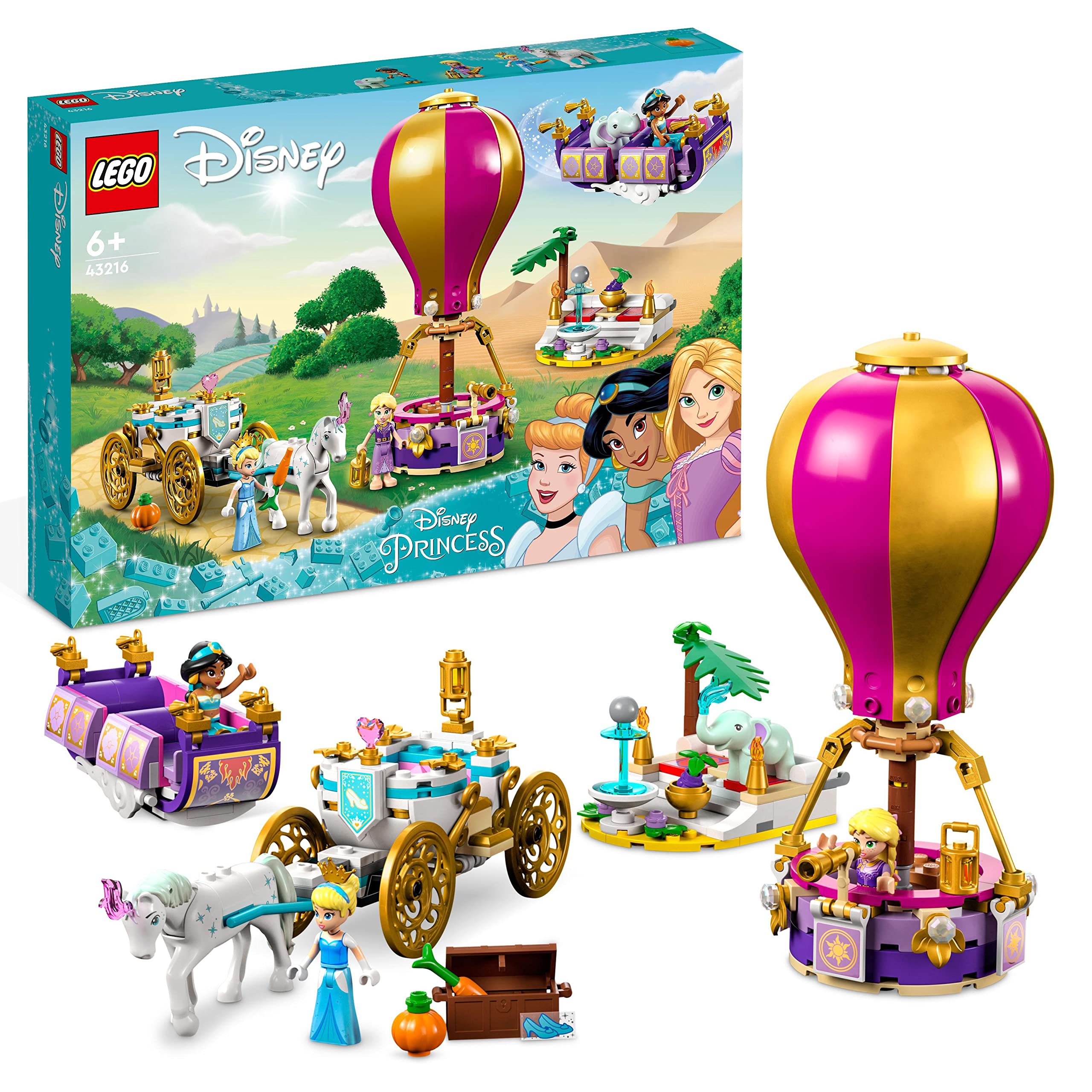 LEGO | Disney Princess Enchanted Journey 3in1 Playset with Cinderella, Jasmine, Rapunzel Mini Dolls with Toy Horse & Carriage, Flying Carpet, Hot Air Balloon, Gift for Girls and Boys Aged 6 Plus 43216