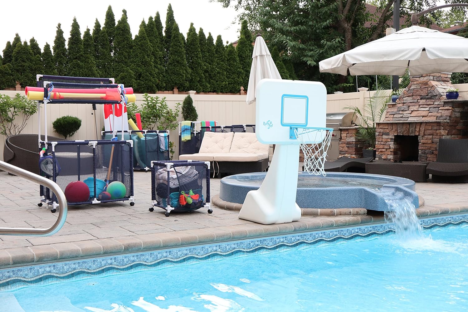 Essentially Yours Rolling Pool Storage Organizer Bin, Large, 24"x 24"x 42", Blue Mesh/White PVC : Garden & Outdoor