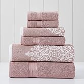Modern Threads Artesia Damask 6-Piece 100% Combed Cotton Reversible Yarn Dyed Jacquard Towel Set Woodrose