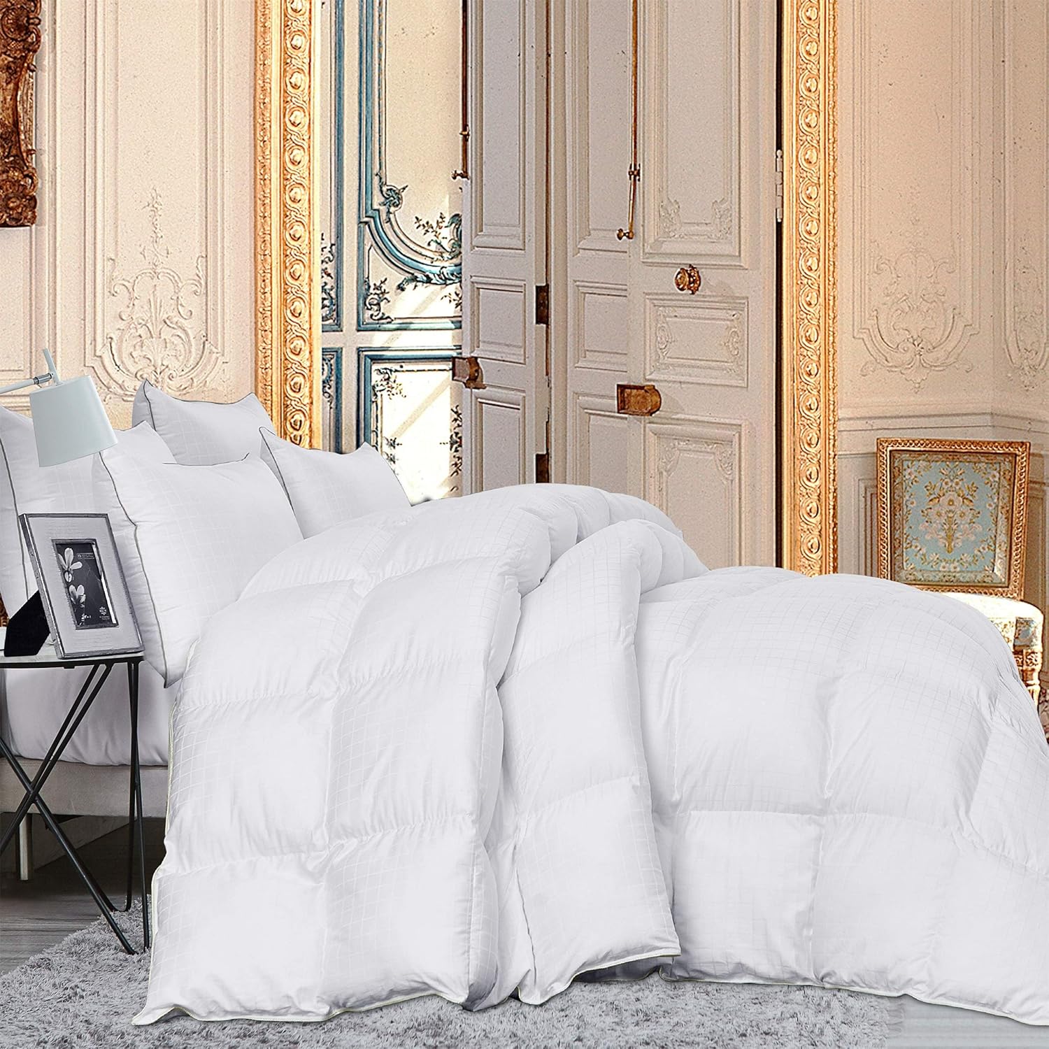 Luxurious Full/Queen Size Goose Down Comforter Duvet Insert, Exquisite Dobby Checkered Design, 1200 Thread Count 100% Egyptian Cotton, 750+ Fill Power, 55 oz Fill Weight, Premium Baffle Box, White: Home & Kitchen