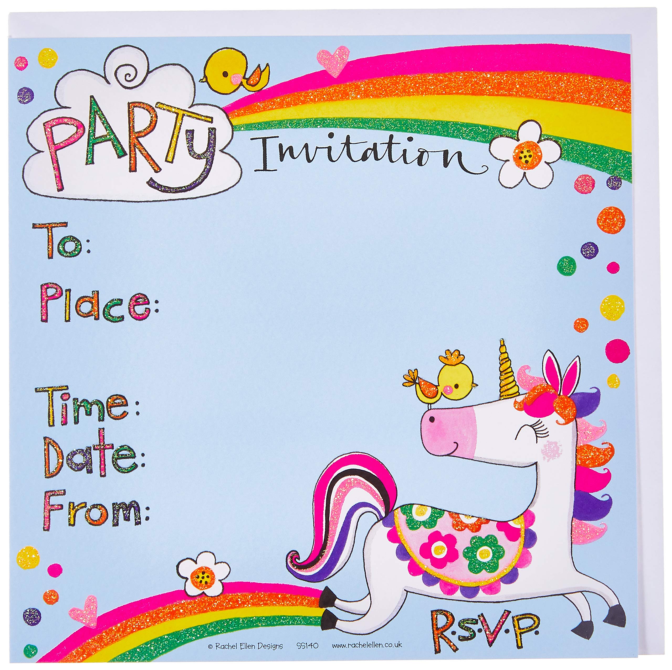 Children's Party Invitations - Unicorn and Rainbow - 8 Party Invites and Envelopes