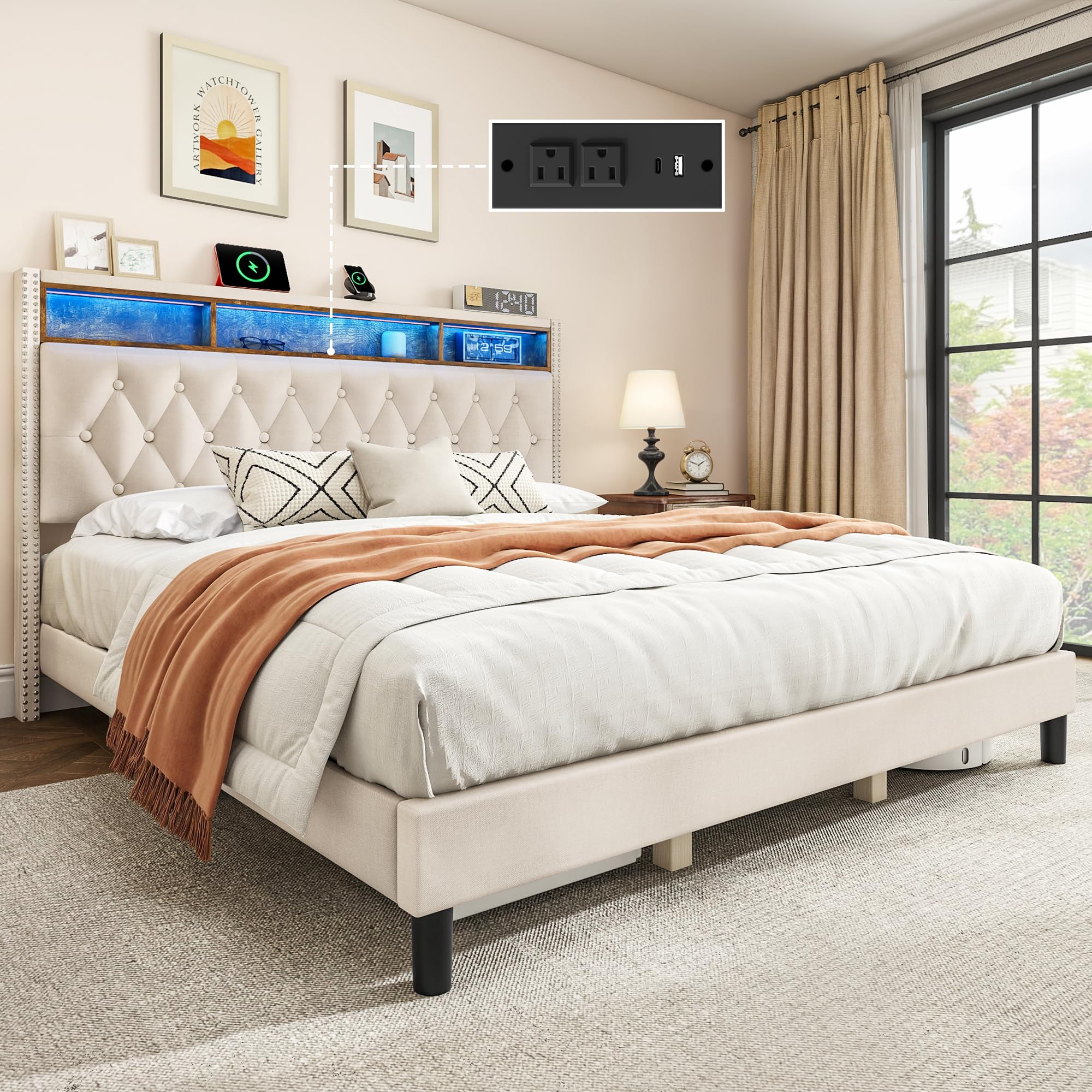 Photo 1 of ***(PARTS ONLY -INCOMPLETE -SELLING AS PARTS ONLY)*** 
DWVO King Bed Frame with Upholstered Headboard, Platform Bed Frame with LED Lights & Charging Station, No Box Spring Needed, Beige