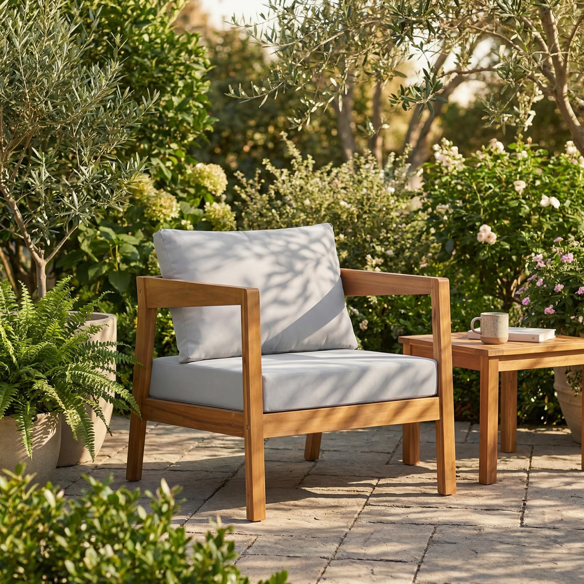 Photo 1 of ***ONLY 1 CHAIR / UNKNOWN MISSING HARDWARE**** Christopher Knight Home Grice Acacia Wood Lounge Chair Outdoor with Removable Cushion, Wooden Patio Accent Chair with Open Frame Design, Outdoor Armchair for Patio Furniture Set, Light Grey + Teak