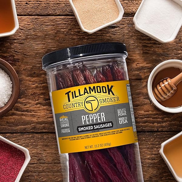 TILLAMOOK COUNTRY SMOKER REAL HARDWOOD SMOKED SAUSAGES, PEPPER, 15.2 OUNCE TALL JAR, 20 COUNT
