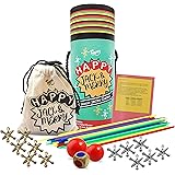 Jacks Game with Ball and Wooden Pick-Up Sticks Gift Set with 12 Pieces Gold and Silver Metal Jacks with 2 Sizes of Red Ball, 