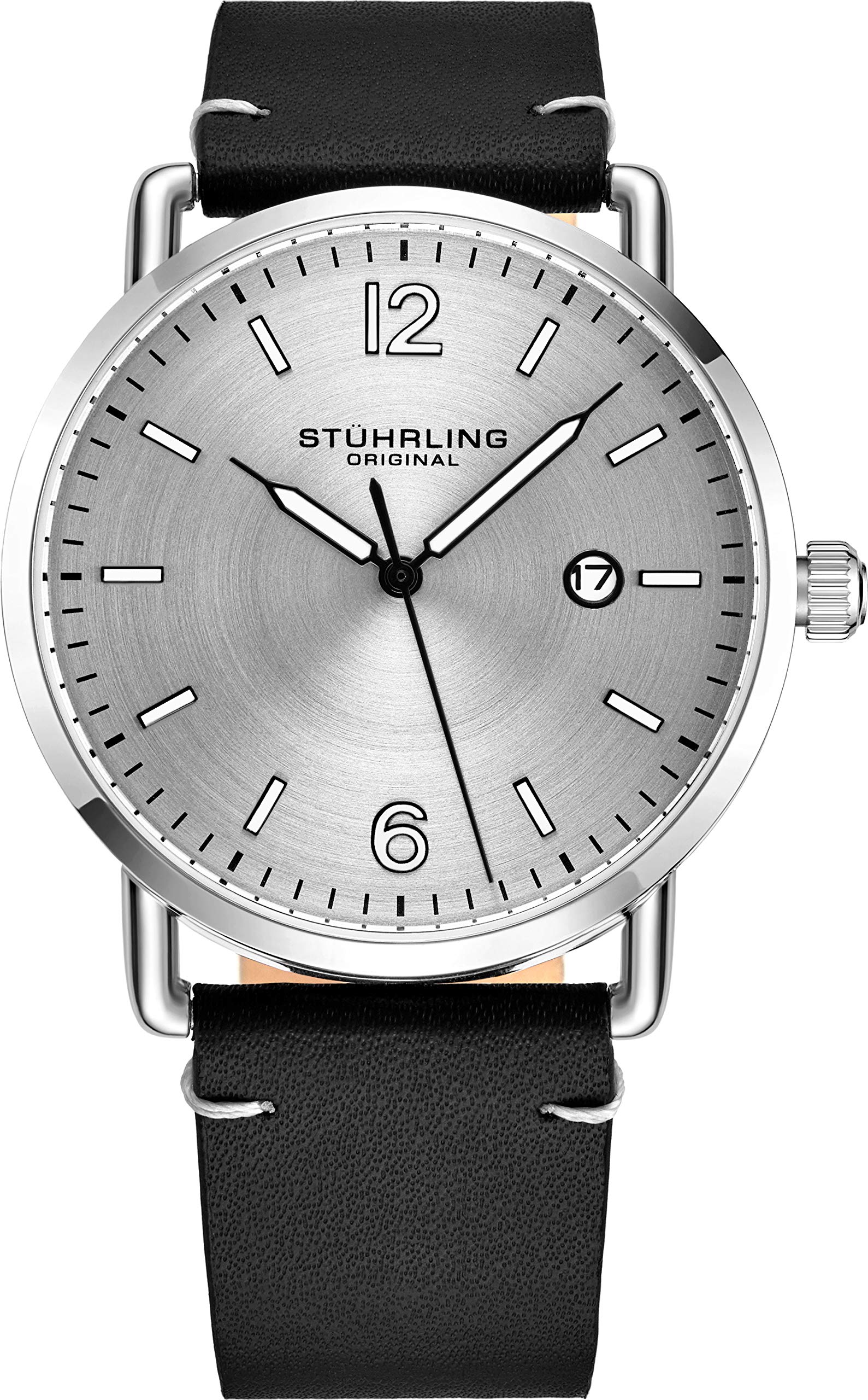 Stuhrling Original Watch for Men Black Leather Watch Band Silver Dial and Case with Date - 3901 Mens Watches Collection