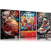 3pcs Basketball Graffiti Canvas Wall Art Retro Abstract Graffiti Teen Wall Decor Pictures Basketball Court Sneakers Posters Prints for Teen Boys Living Room Bedroom Decoration Ready To Hang