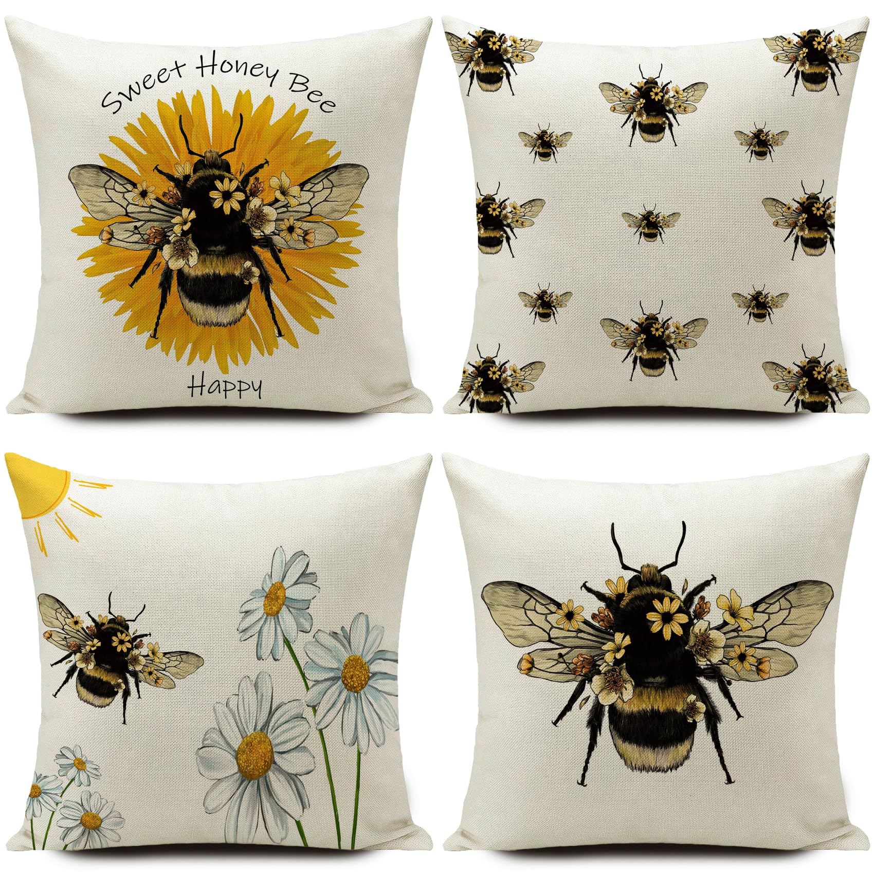 HUASHUZI Cushion Covers Outdoor Waterproof Bee Gifts for Women Garden Cushions Furniture Decorations Summer Set of 4 18x18 inch 45x45cm Throw Pillow Case Home Decor for Sofa Bench Couch