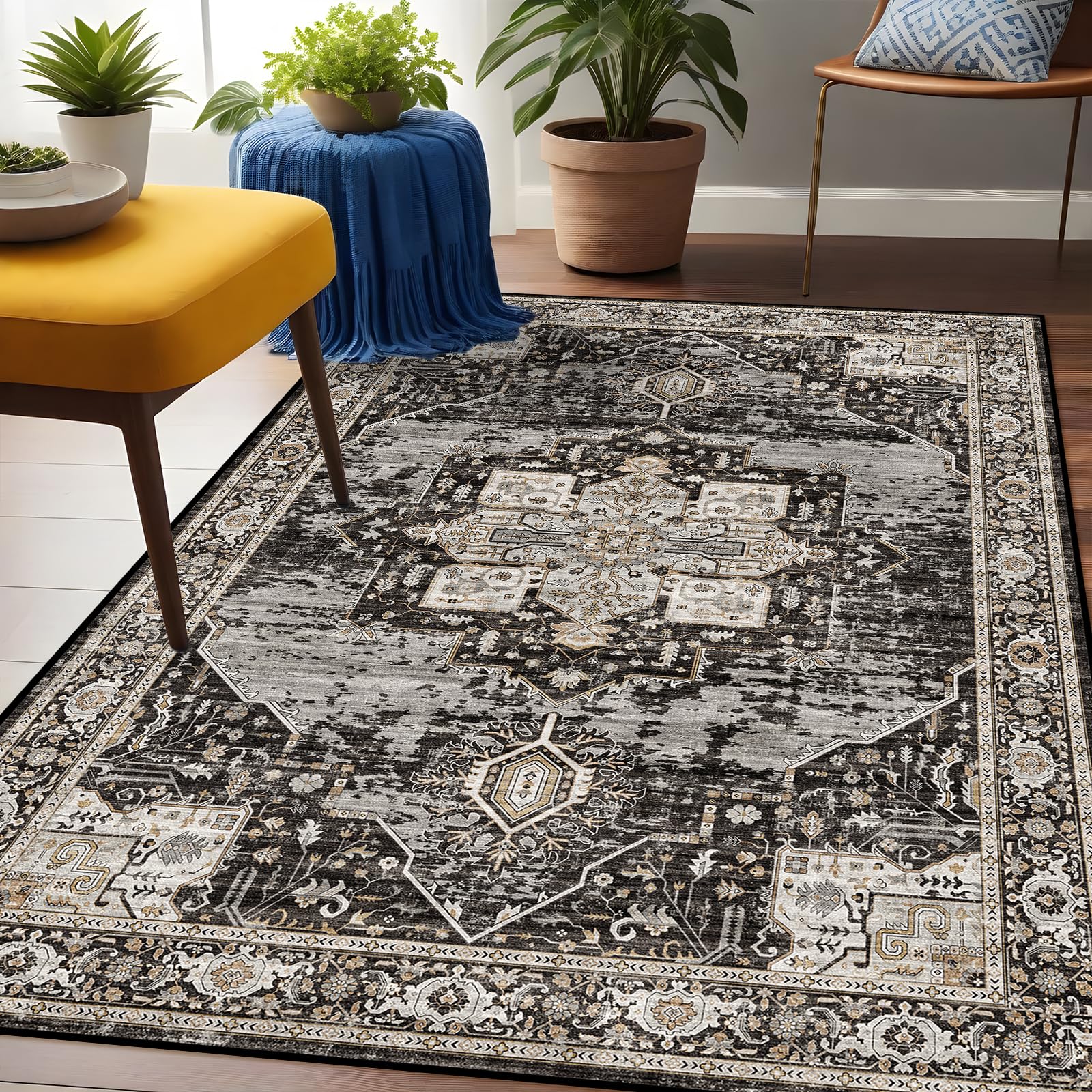 Photo 1 of Washable 3x5 Area Rug - Soft Area Rugs for Living Room Stain Resistant Carpet Vintage Lightweight Rugs for Bedroom Kitchen entryway with Non Slip Backing Home Decor Small Mat 3X5 Black