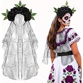 Bigmeta Day of the Dead Flower Crown Headband for Women - Rose/Marigold | Mexican Headpiece, with Black Lace Veil, for Dia De Los Muertos, Halloween Party Costume Accessories