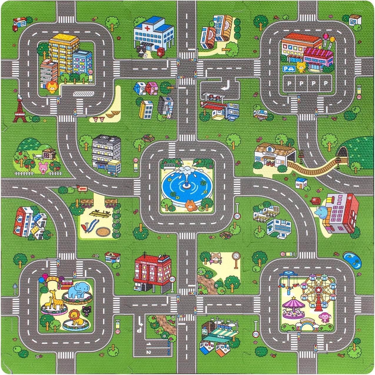 Sorbus Traffic Play mat Puzzle Foam Interlocking Tiles – Kids Road Traffic Play Rug - Children Educational Playmat Rug - Great for Playing with Toy Cars Trucks (9 Tiles with Borders): Toys & Games