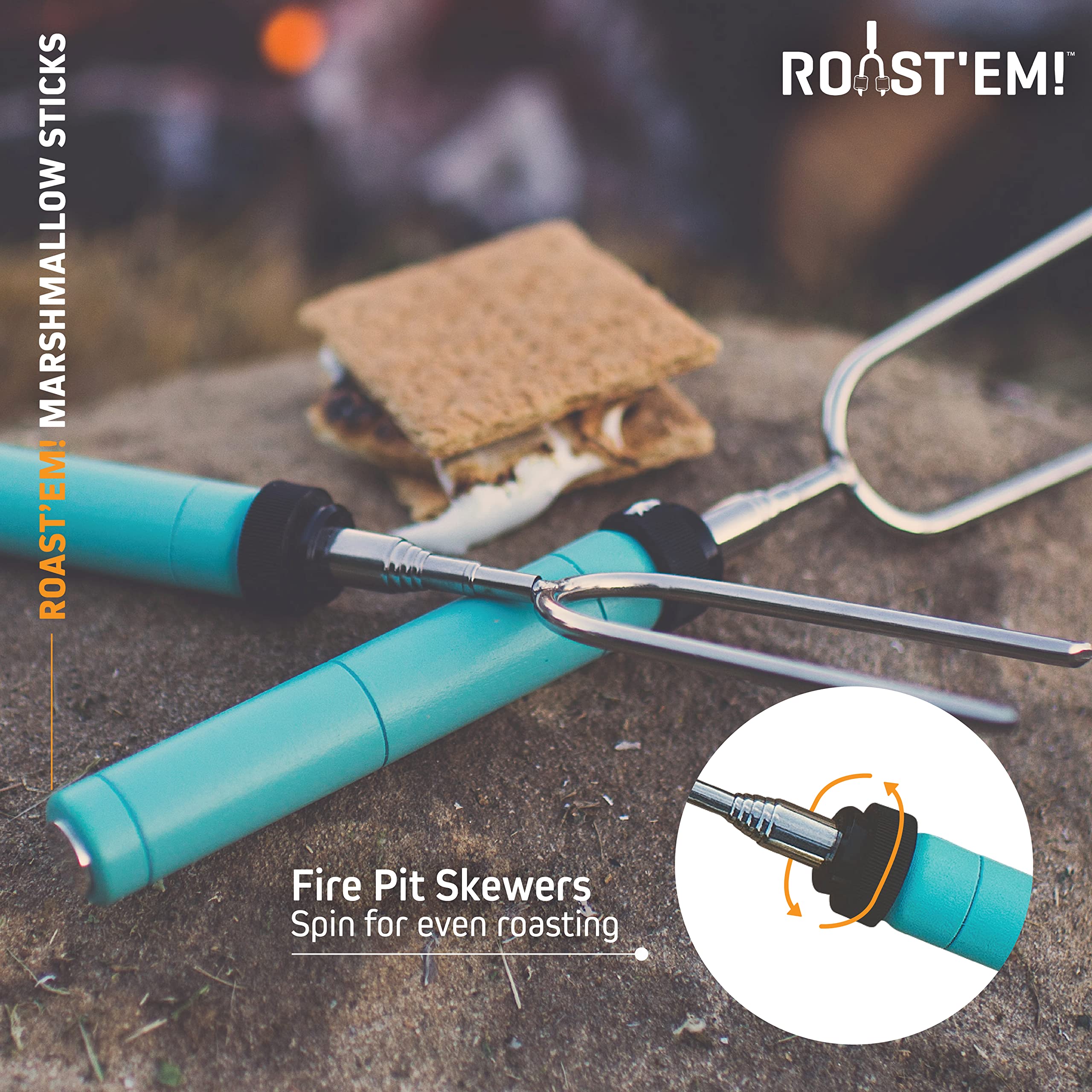 Jolly Green Products Rotating Marshmallow Roasting Sticks for Campfire & Bonfire | Extra Long Hot Dog & Smores Sticks for Fire Pit | Camping Smores Kit | Retractable Campfire Skewers | Set of 5