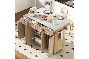 YAYZY Rolling Kitchen Island with Drop Leaf, Power Outlet & 3 Drawers, 55.5” Mobile Kitchen Cart with Fluted Doors, Adjustable Shelves & Faux Marble Top, Towel Rack & Locking Wheels, Natural Oak Finish