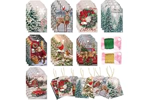 QICQDRAM 128PCS Christmas Gift Tags Hanging Labels 8 Designs, with String Christmas Tags, for Christmas Gifts Decoration, Party Decorations, Christmas Tree Hanging Wishes Card, DIY Decorative Message Tags