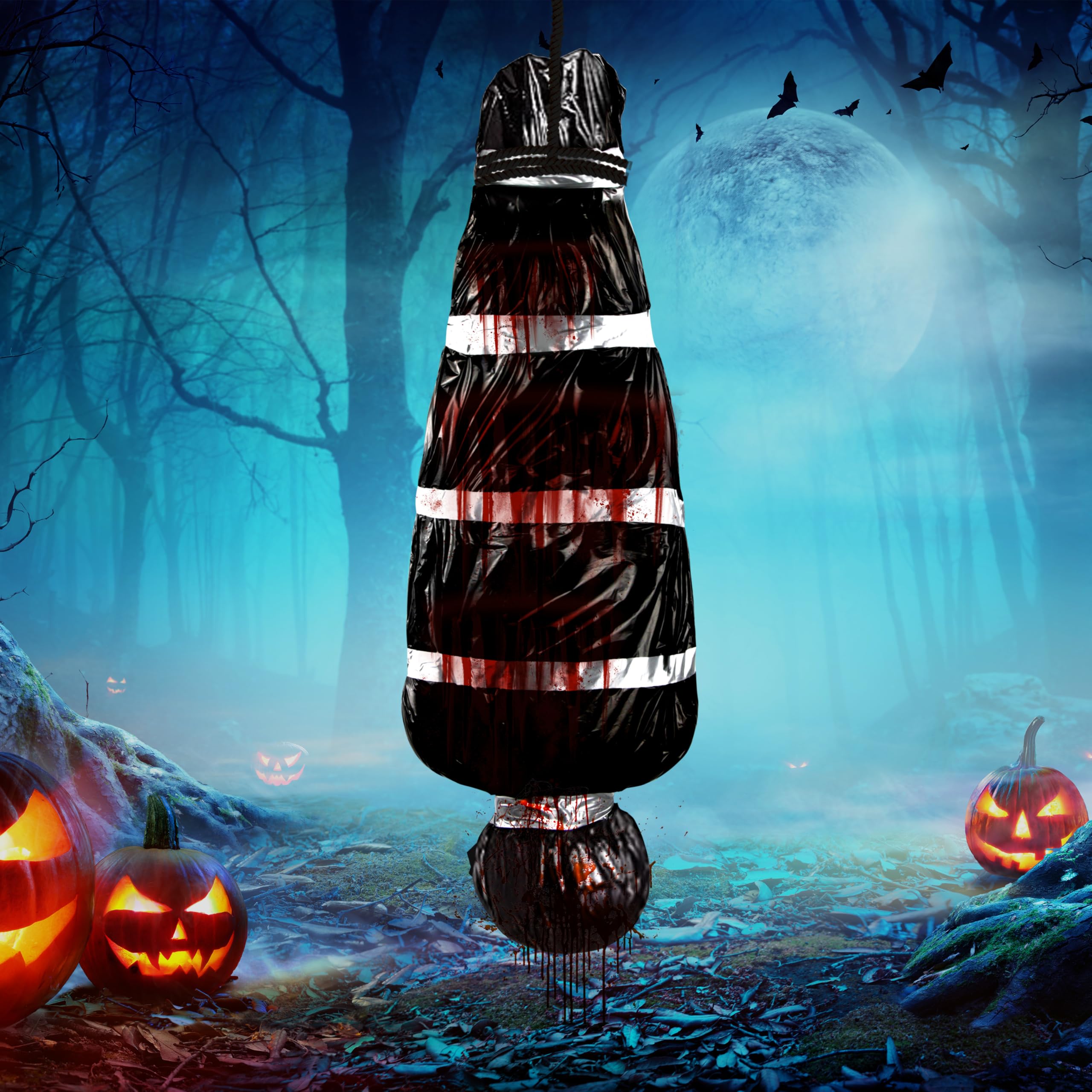 Photo 1 of 1 Set 5ft Hanging Corpse Dead Victim Props Halloween Decorations, Inflatables Decorations, Scary Fake Corpse in Bag Halloween Outdoor Prop Creepy Haunted House Decor