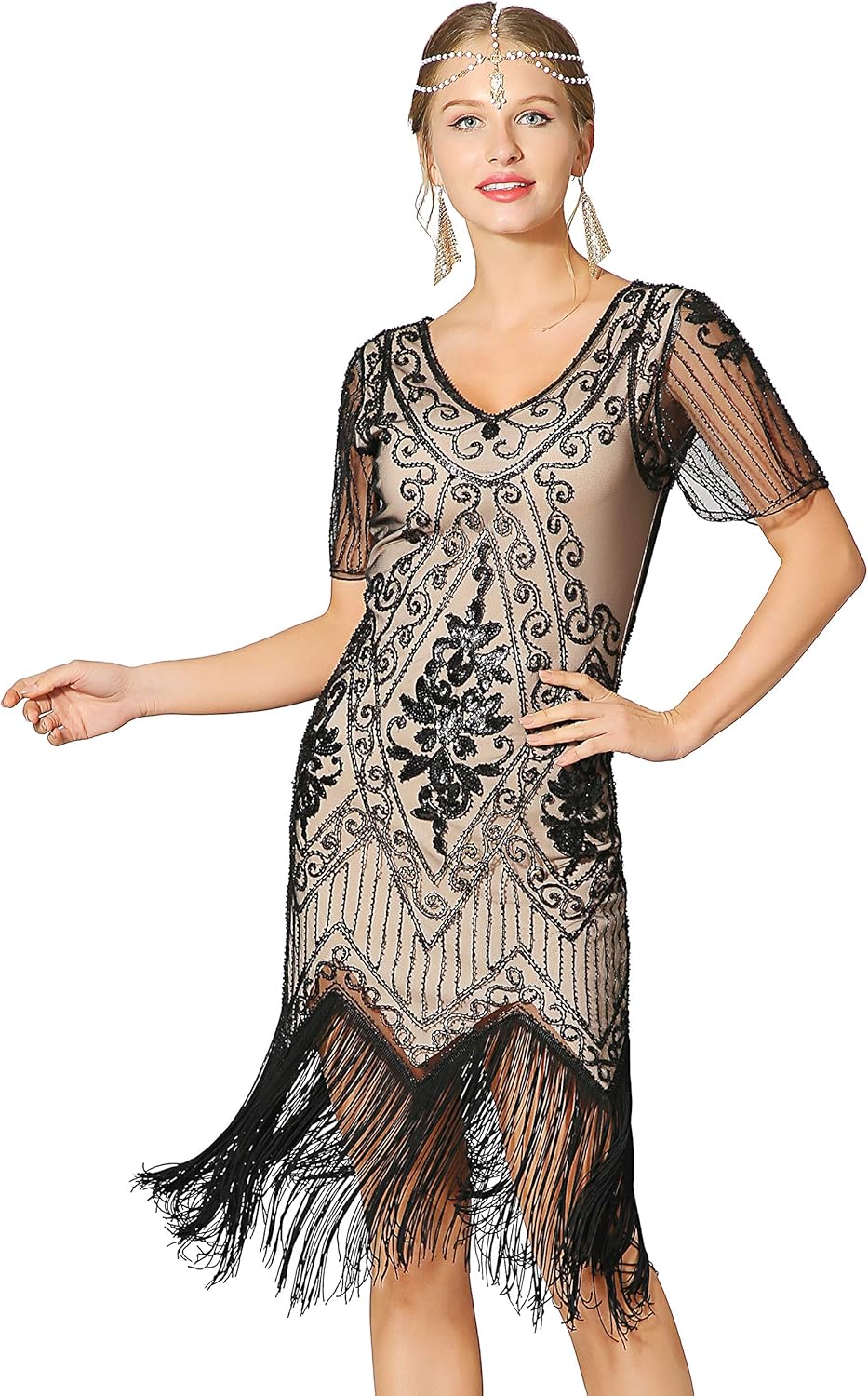 Metme Women's Roaring 1920s Gatsby Dresses Short Sleeve Dress Cocktail Flapper Dress