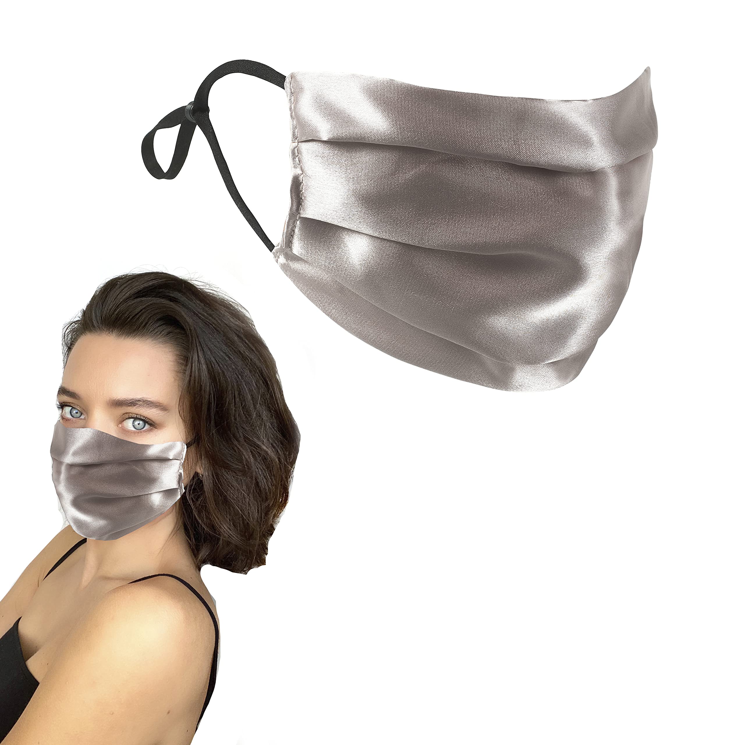 GOLDEN HOUR Silk Satin Face Mask - Sensitive Skin Mask | Hypoallergenic - Adjustable | Washable UK (Single, Latte)