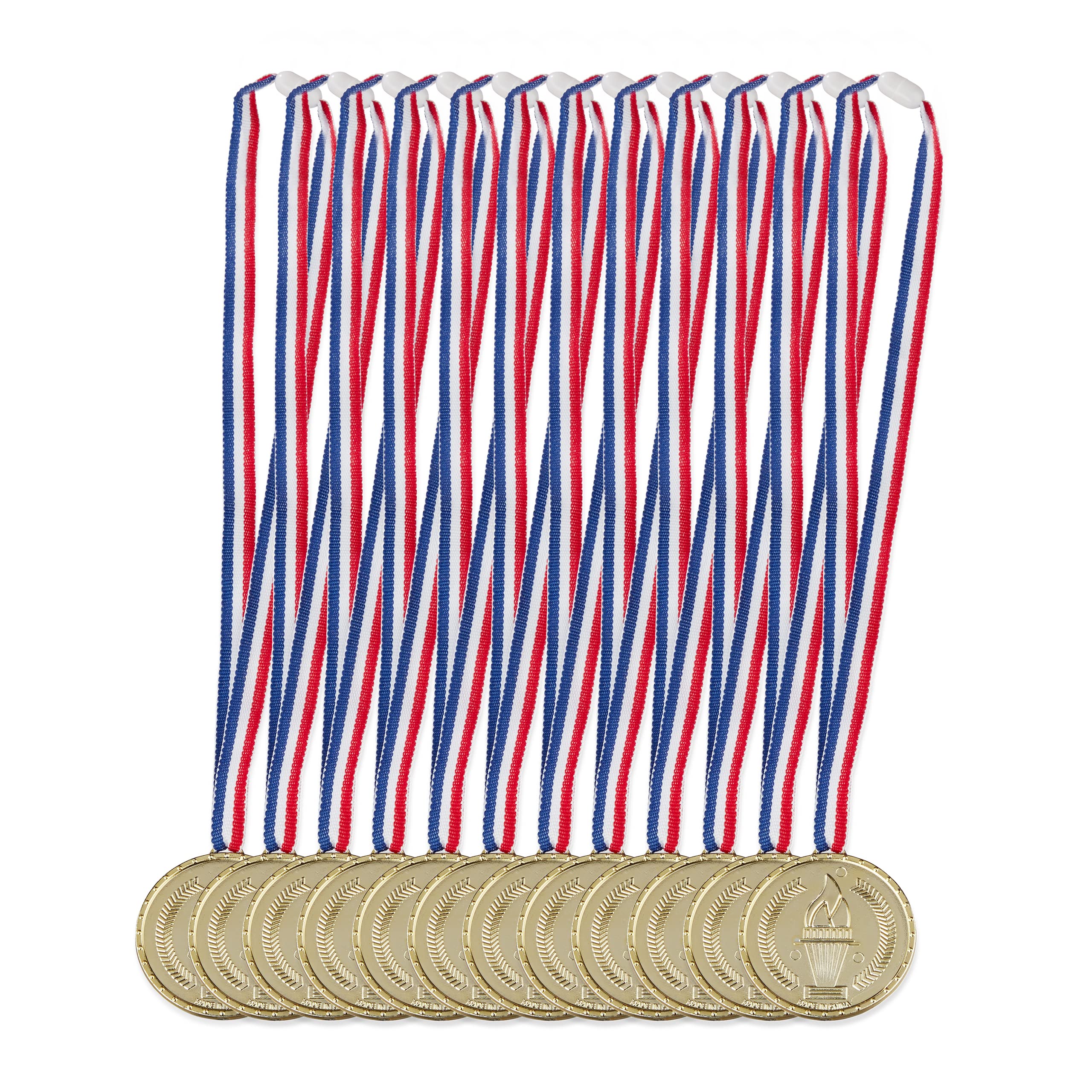 Relaxdays Children’s Gold Medals Set of 12, Ribbon, Torch, Reward Gift, Party Favours, Trophy Set, 5 cm Ø, Plastic, Golden